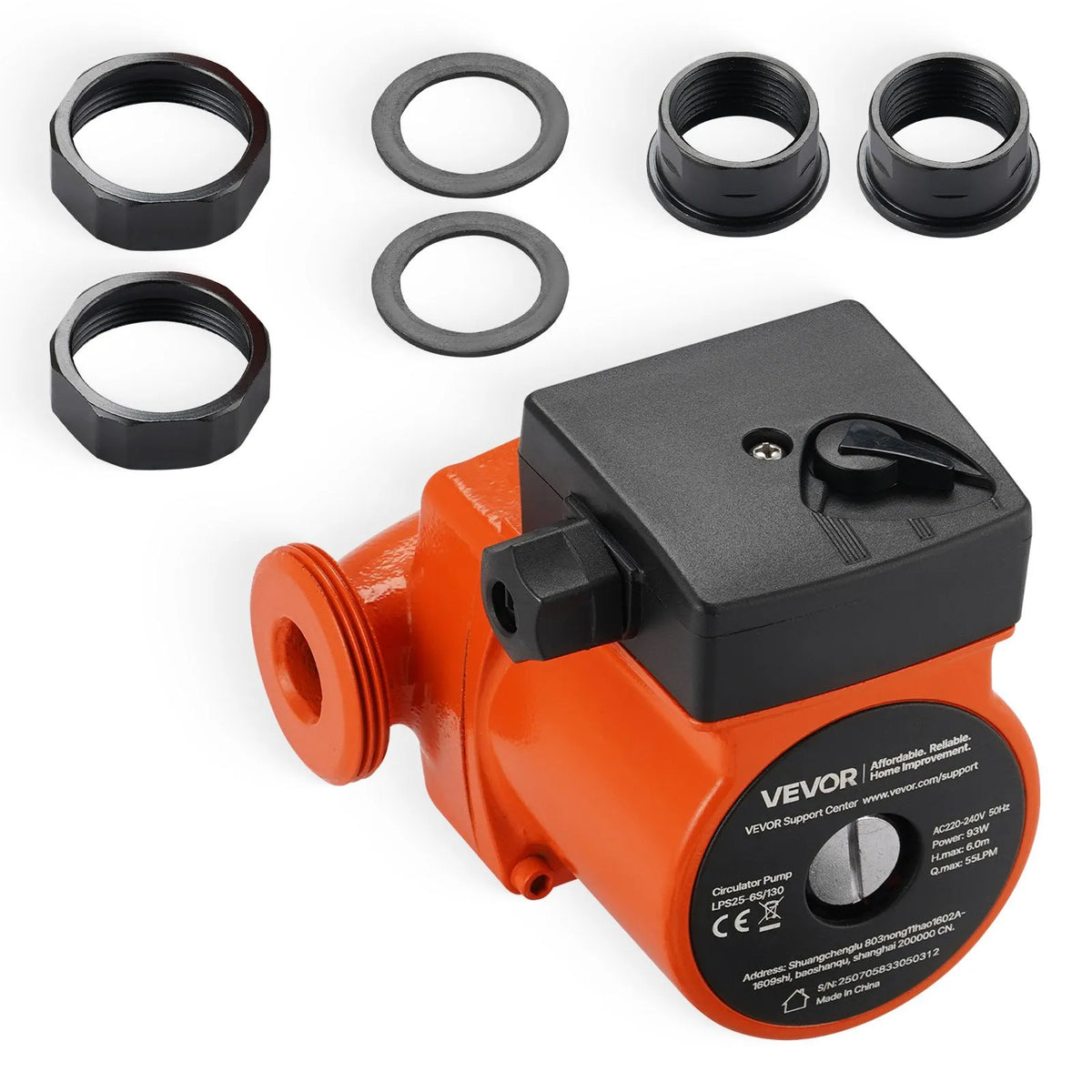 VEVOR LPS25-6S/130 Cast Iron Circulation Pump, 220–240 V, 55 l/min Hot Water Circulation, Threaded Connection, 3-Speed Control, Quiet Operation, for Home Heating Systems