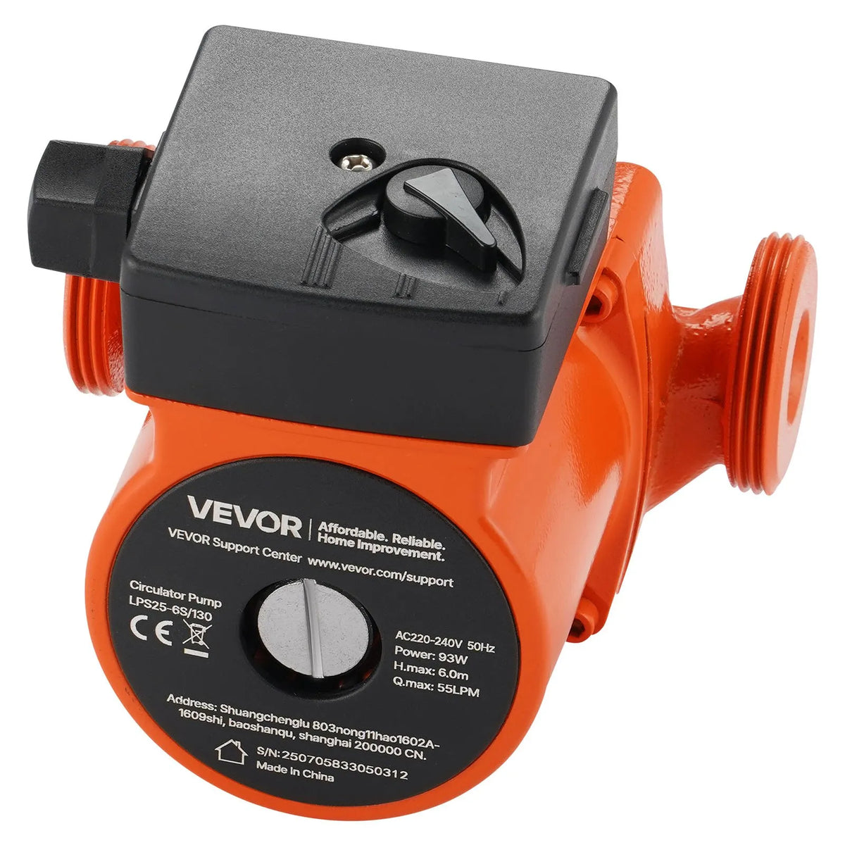 VEVOR LPS25-6S/130 Cast Iron Circulation Pump, 220–240 V, 55 l/min Hot Water Circulation, Threaded Connection, 3-Speed Control, Quiet Operation, for Home Heating Systems