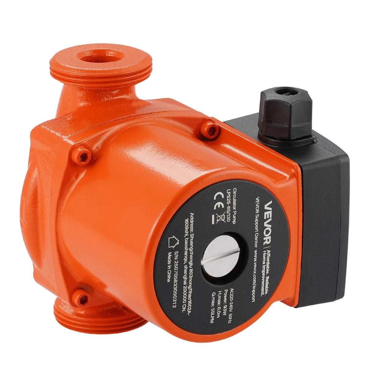 VEVOR LPS25-6S/130 Cast Iron Circulation Pump, 220–240 V, 55 l/min Hot Water Circulation, Threaded Connection, 3-Speed Control, Quiet Operation, for Home Heating Systems