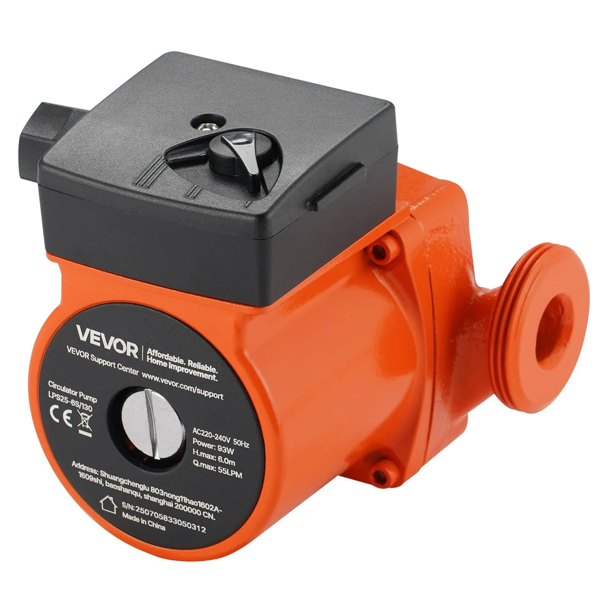 VEVOR LPS25-6S/130 Cast Iron Circulation Pump, 220–240 V, 55 l/min Hot Water Circulation, Threaded Connection, 3-Speed Control, Quiet Operation, for Home Heating Systems