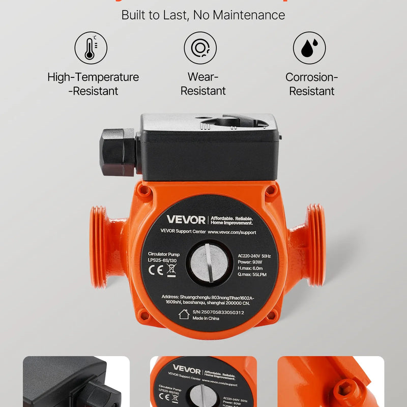 VEVOR LPS25-6S/130 čuguna cirkulācijas sūknis, 220–240 V, 55 l/min karstā ūdens cirkulācijai, vītņots pieslēgums, 3 ātrumu regulēšana, klusa darbība, paredzēts mājas apkures sistēmām