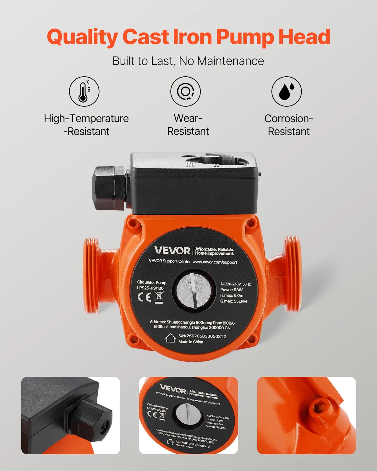 VEVOR LPS25-6S/130 Cast Iron Circulation Pump, 220–240 V, 55 l/min Hot Water Circulation, Threaded Connection, 3-Speed Control, Quiet Operation, for Home Heating Systems