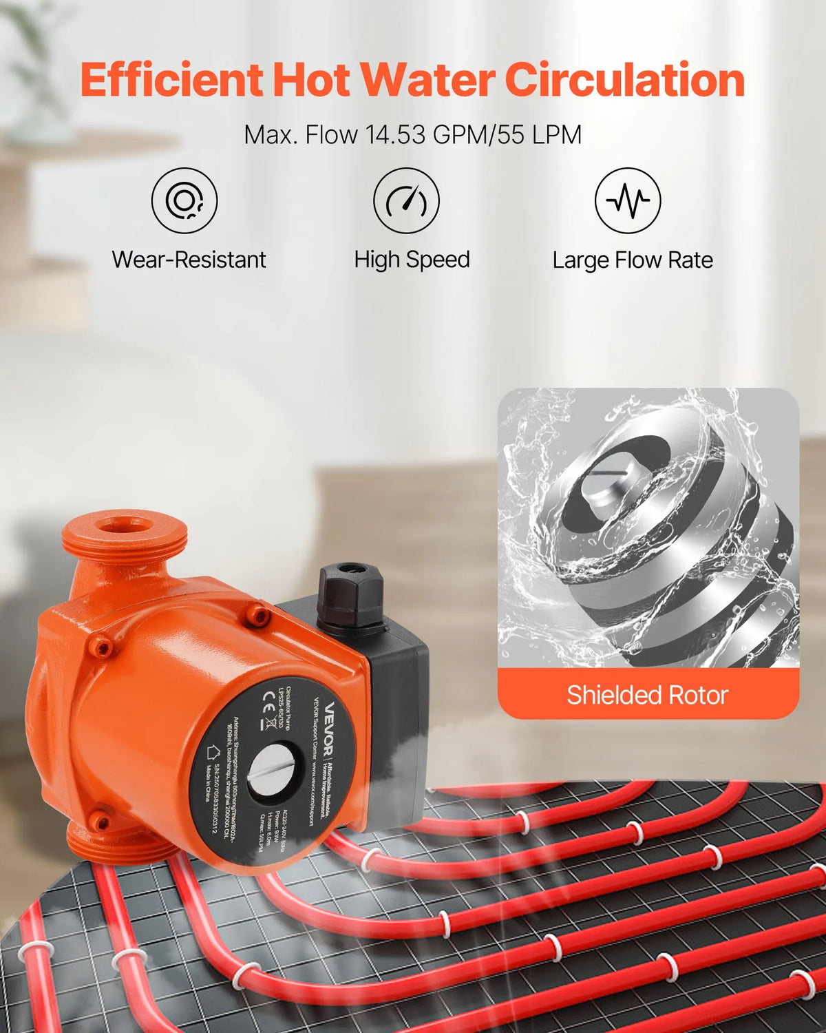 VEVOR LPS25-6S/130 Cast Iron Circulation Pump, 220–240 V, 55 l/min Hot Water Circulation, Threaded Connection, 3-Speed Control, Quiet Operation, for Home Heating Systems