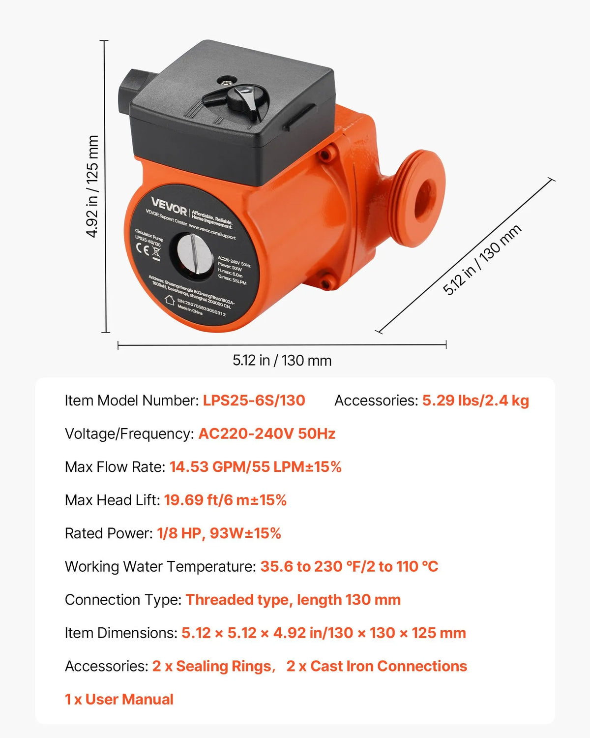 VEVOR LPS25-6S/130 Cast Iron Circulation Pump, 220–240 V, 55 l/min Hot Water Circulation, Threaded Connection, 3-Speed Control, Quiet Operation, for Home Heating Systems