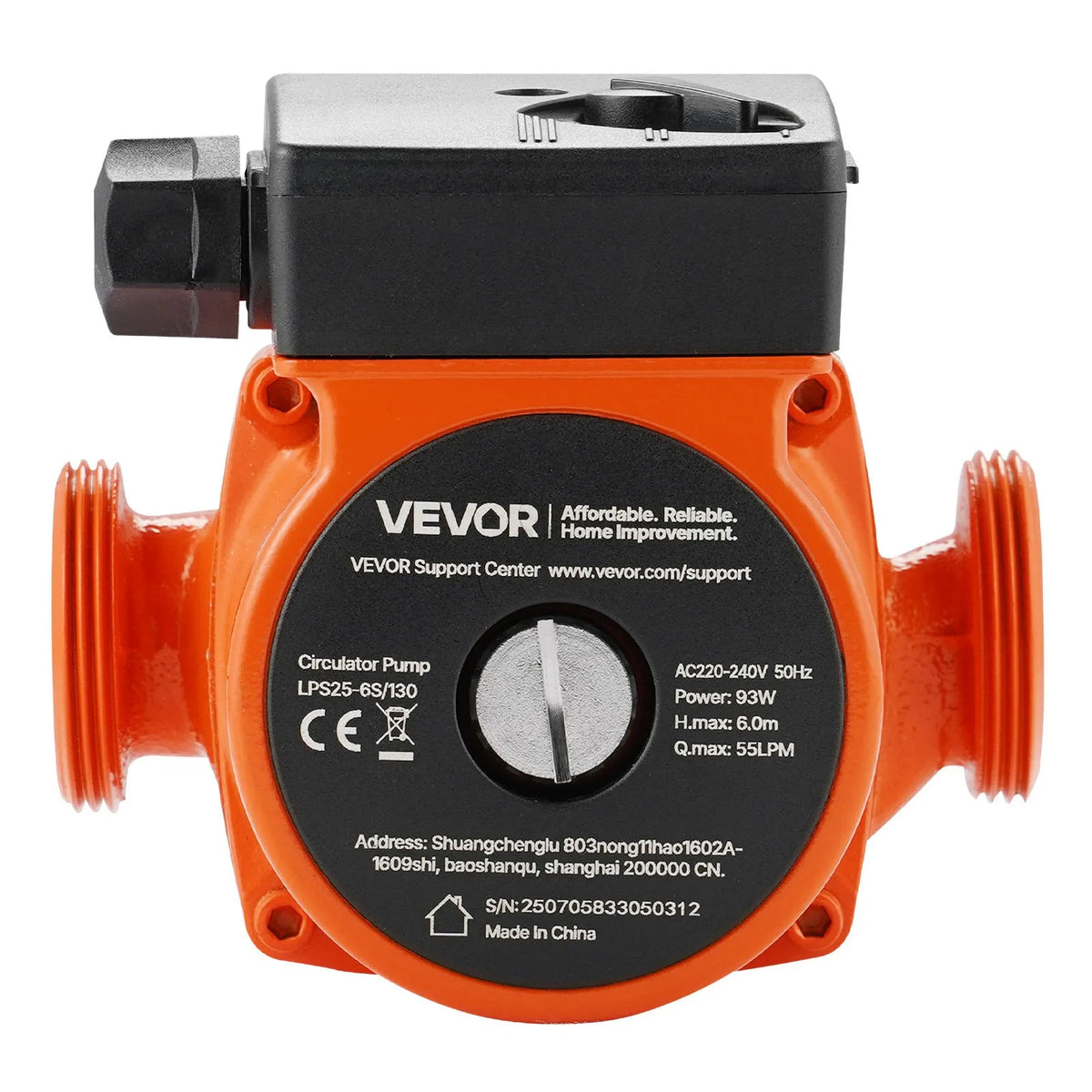 VEVOR LPS25-6S/130 Cast Iron Circulation Pump, 220–240 V, 55 l/min Hot Water Circulation, Threaded Connection, 3-Speed Control, Quiet Operation, for Home Heating Systems