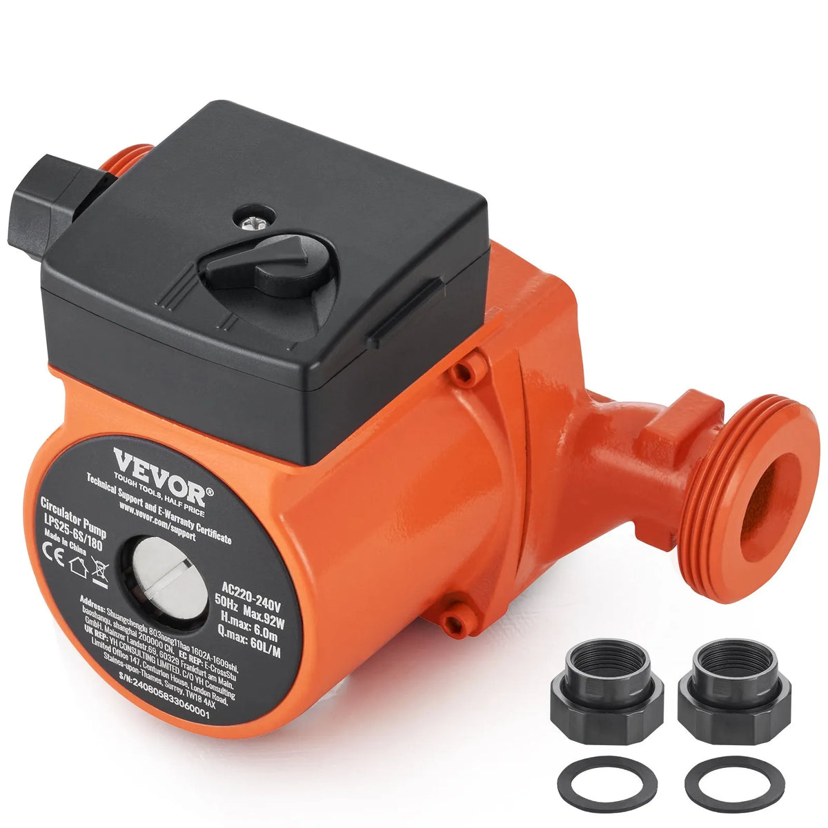 VEVOR LPS25-6S-180 hot water recirculation pump, 220 V, 92 W, flow up to 60 l/min, 3-speed circulation pump with threaded NPT connection 38 mm (1½″), quiet operation for home water heater systems