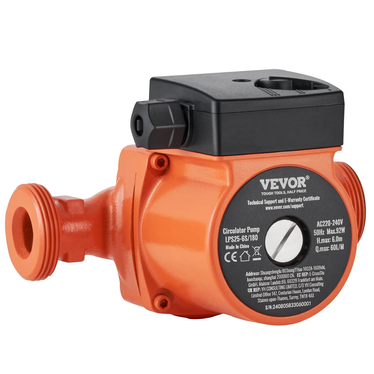 VEVOR LPS25-6S-180 hot water recirculation pump, 220 V, 92 W, flow up to 60 l/min, 3-speed circulation pump with threaded NPT connection 38 mm (1½″), quiet operation for home water heater systems