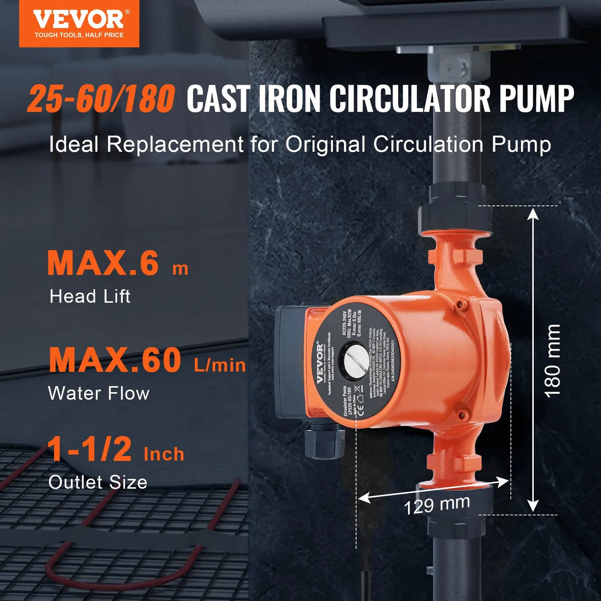VEVOR LPS25-6S-180 hot water recirculation pump, 220 V, 92 W, flow up to 60 l/min, 3-speed circulation pump with threaded NPT connection 38 mm (1½″), quiet operation for home water heater systems