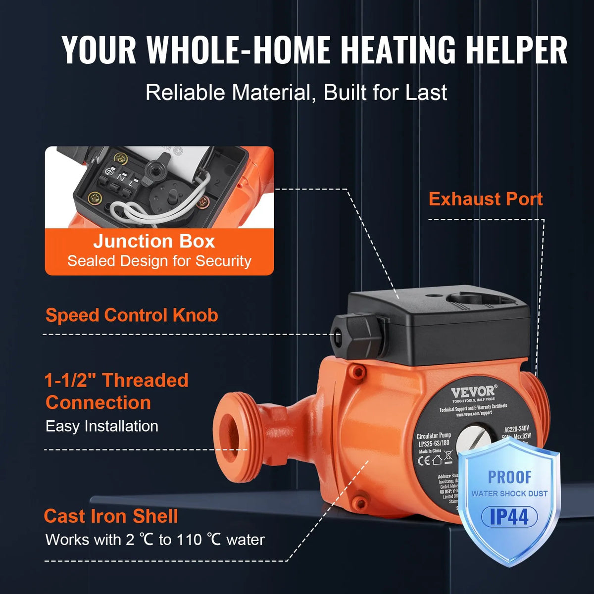 VEVOR LPS25-6S-180 hot water recirculation pump, 220 V, 92 W, flow up to 60 l/min, 3-speed circulation pump with threaded NPT connection 38 mm (1½″), quiet operation for home water heater systems