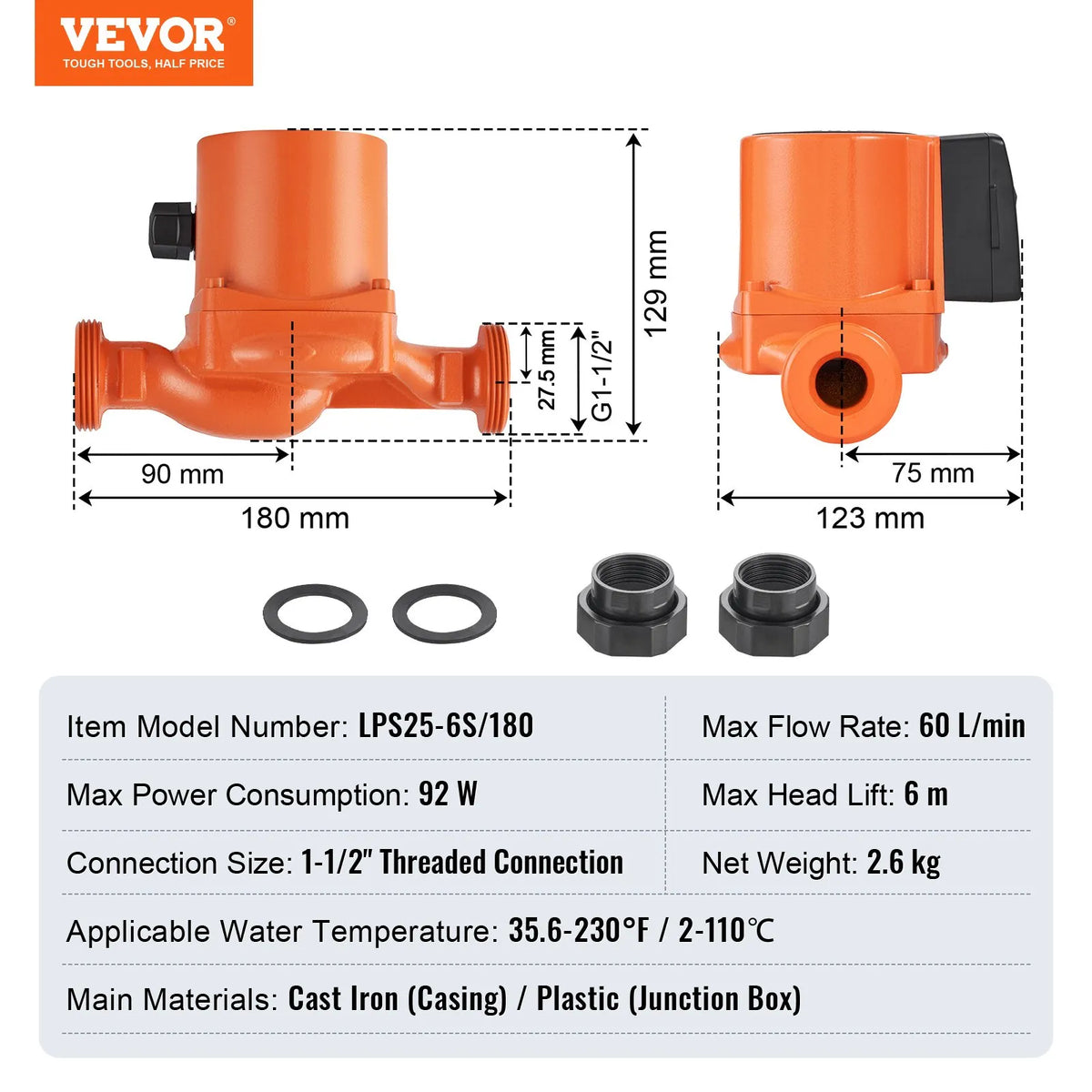 VEVOR LPS25-6S-180 hot water recirculation pump, 220 V, 92 W, flow up to 60 l/min, 3-speed circulation pump with threaded NPT connection 38 mm (1½″), quiet operation for home water heater systems