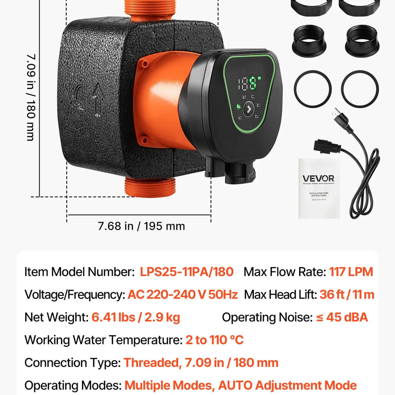 VEVOR LPS25-11PA/180 augstas efektivitātes cirkulācijas sūknis, 117 l/min, maks. pacēlums 11 m, čuguna karstā ūdens recirkulācijas sūknis ar vītņotu pieslēgumu un pretvārstu, klusa darbība mājas apkures sistēmām