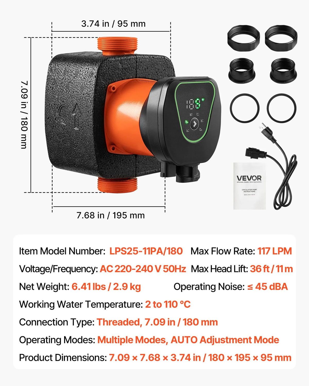 VEVOR LPS25-11PA/180 High-Efficiency Circulation Pump, 117 l/min, Max Head 11 m, Cast Iron Hot Water Recirculation Pump with Threaded Connection and Check Valve, Quiet Operation for Home Heating Systems