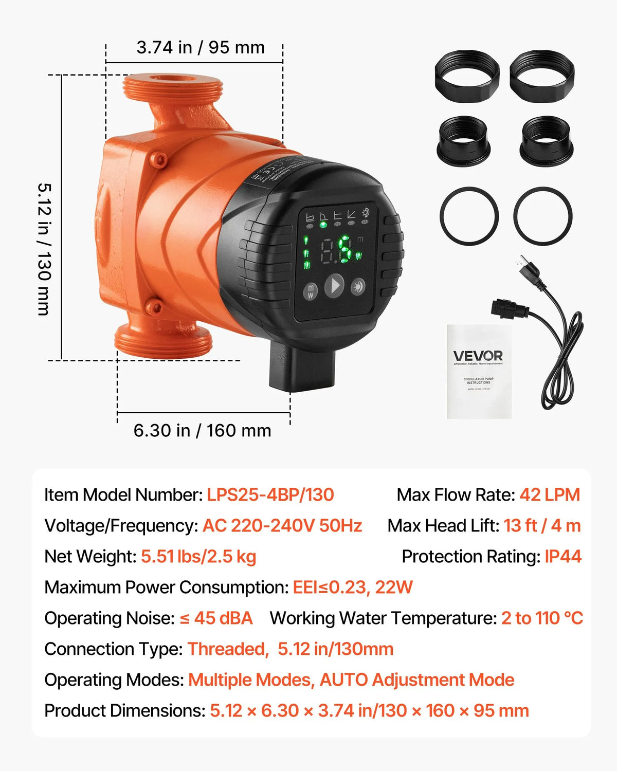 VEVOR LPS25-4BP/130 High-Efficiency Circulation Pump, 42 l/min, Max Head 4 m, Cast Iron Hot Water Recirculation Pump with Threaded Connection and Check Valve, Quiet Operation for Home Heating Systems