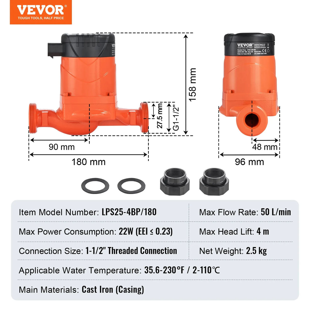 VEVOR LPS25-4BP-180 high-efficiency hot water recirculation pump, 220 V, 22 W, flow up to 50 l/min, EMC automatic circulation pump with threaded NPT connection 38 mm (1½″), for water heater systems