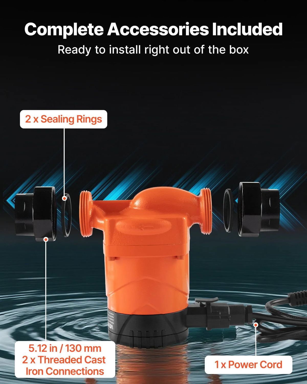 VEVOR LPS25-6BP/130 High-Efficiency Circulation Pump, 58 l/min, Max Head 4 m, Cast Iron Hot Water Pump with Threaded Connection and Check Valve, Quiet Operation for Home Heating Systems