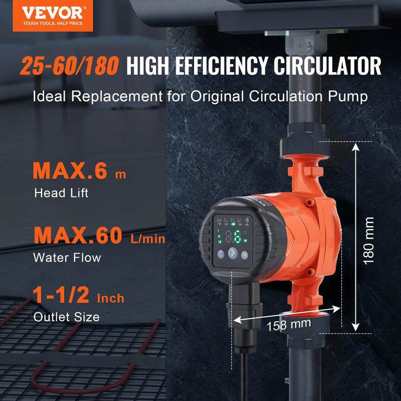 VEVOR LPS25-6BP-180 karstā ūdens cirkulācijas sūknis, 220 V, 45 W, 60 l/min, augstas efektivitātes cirkulācijas sūknis ar EMC automātisku ūdens cirkulāciju, 38 mm vītņots NPT pieslēgums, paredzēts ūdens sildītāju sistēmām