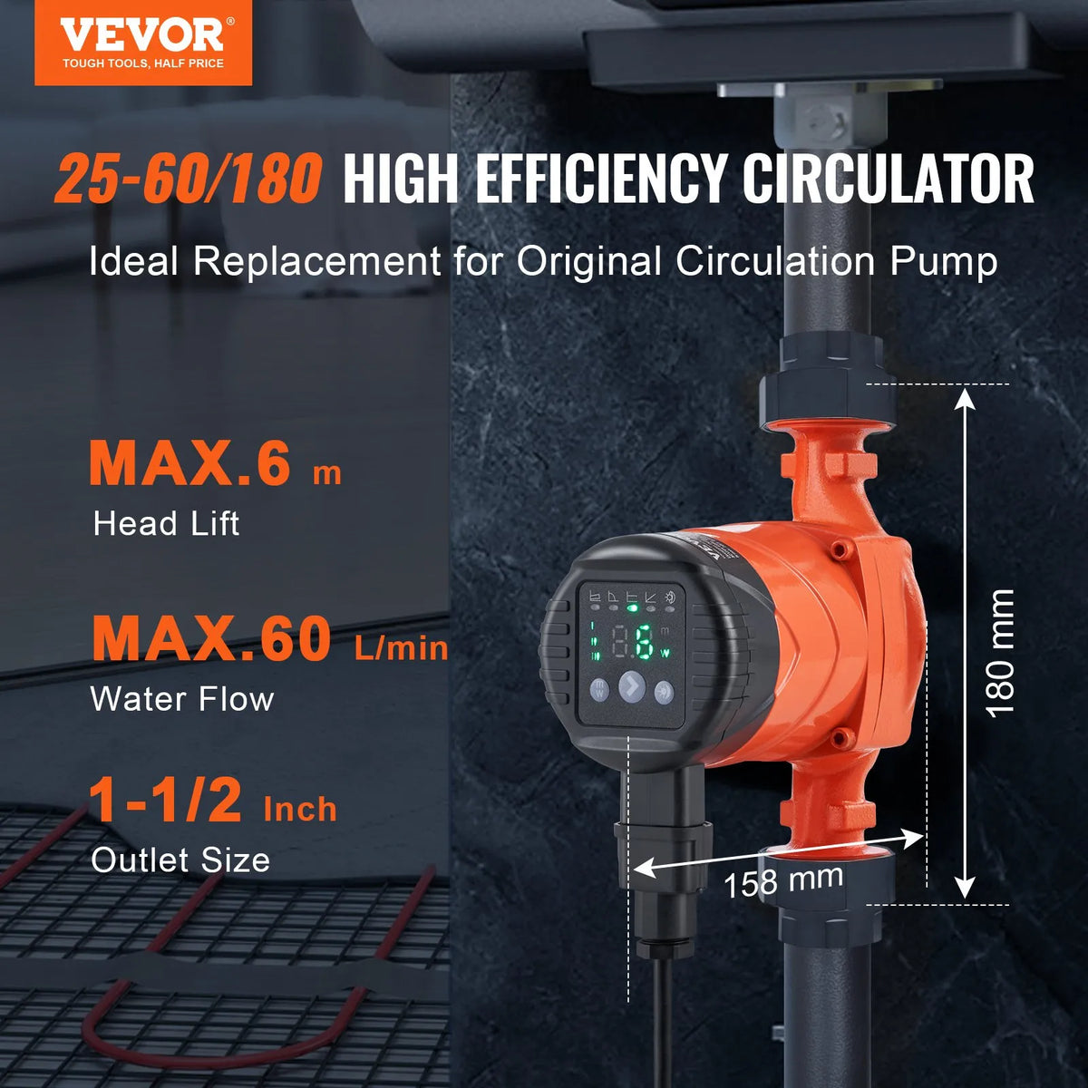 VEVOR LPS25-6BP-180 hot water circulation pump, 220 V, 45 W, 60 l/min, high-efficiency circulation pump with EMC automatic water circulation, 38 mm threaded NPT connection, designed for water heater systems