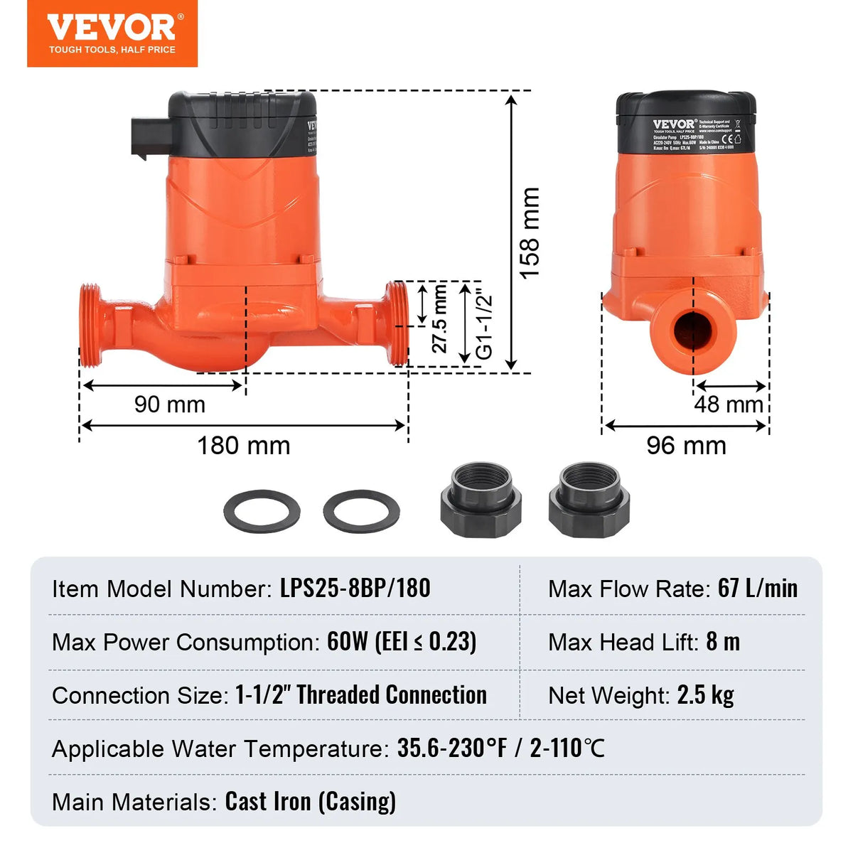 VEVOR LPS25-8BP-180 hot water circulation pump, 220 V, 60 W, 67 l/min, high-efficiency circulation pump with EMC automatic water circulation, 38 mm threaded NPT connection, designed for water heater systems