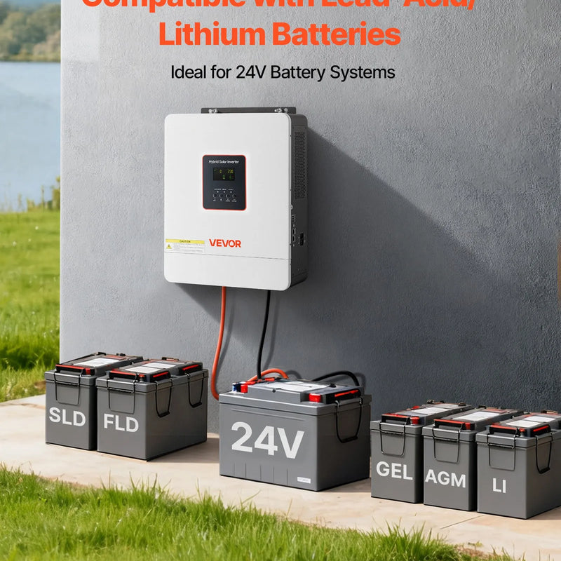 VEVOR hibrīda saules invertors 4000 W, 24 V DC uz 230 V AC, tīras sinusoīdas invertors ar lādētāju, iebūvēts 120 A MPPT saules kontrolieris un Wi-Fi modulis, vienfāzes, paredzēts svina-skābes un litija akumulatoriem autonomām sistēmām