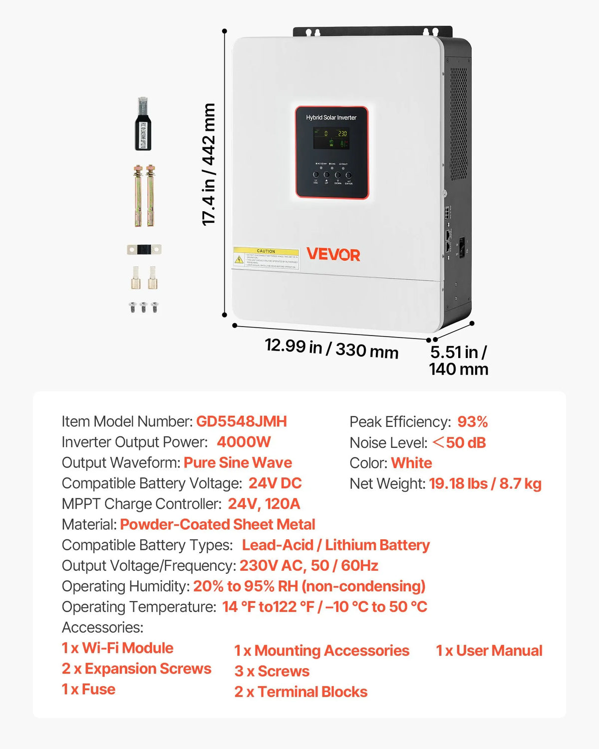 VEVOR Hibrīda invertors 4000W — 24V, MPPT 120A, WiFi