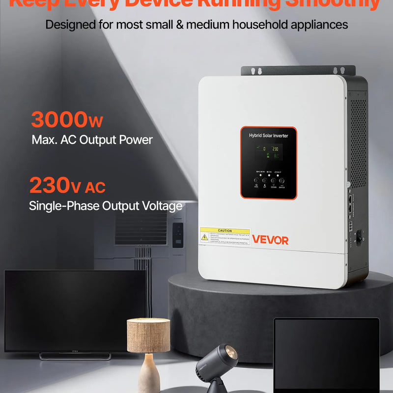 VEVOR hibrīda saules invertors 3000 W, 24 V DC uz 230 V AC, tīras sinusoīdas sprieguma invertors ar lādētāju, iebūvēts 80 A MPPT saules kontrolieris, saderīgs ar svina-skābes un litija akumulatoriem, mājai, kemperim un autonomām sistēmām