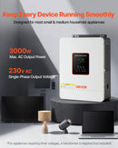 VEVOR hibrīda saules invertors 3000 W, 24 V DC uz 230 V AC, tīras sinusoīdas sprieguma invertors ar lādētāju, iebūvēts 80 A MPPT saules kontrolieris, saderīgs ar svina-skābes un litija akumulatoriem, mājai, kemperim un autonomām sistēmām