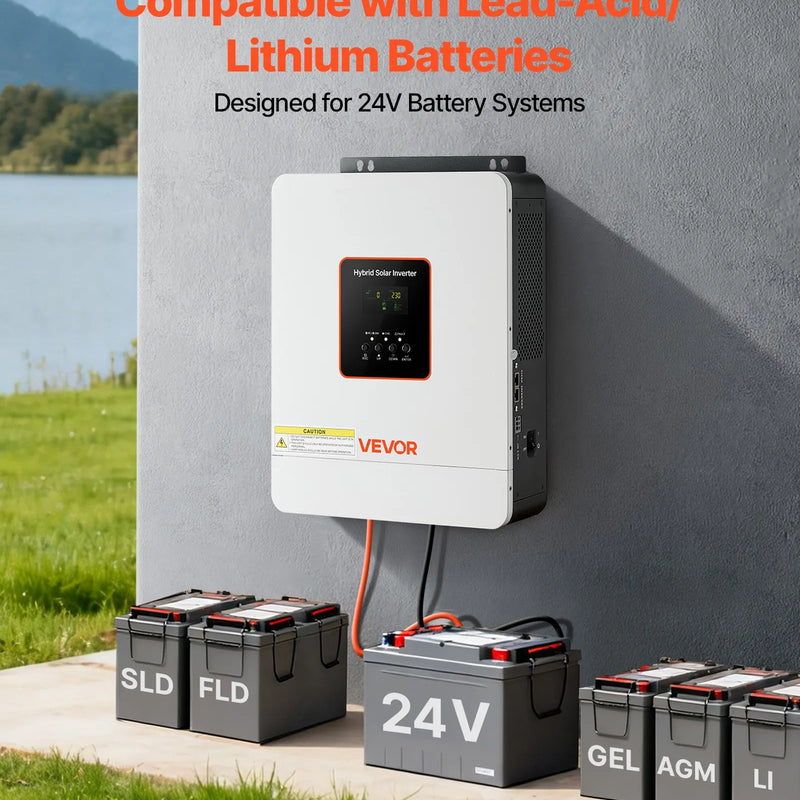 VEVOR hibrīda saules invertors 3000 W, 24 V DC uz 230 V AC, tīras sinusoīdas sprieguma invertors ar lādētāju, iebūvēts 80 A MPPT saules kontrolieris, saderīgs ar svina-skābes un litija akumulatoriem, mājai, kemperim un autonomām sistēmām