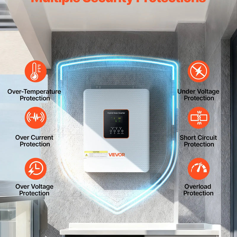 VEVOR hibrīda saules invertors 3000 W, 24 V DC uz 230 V AC, tīras sinusoīdas sprieguma invertors ar lādētāju, iebūvēts 80 A MPPT saules kontrolieris, saderīgs ar svina-skābes un litija akumulatoriem, mājai, kemperim un autonomām sistēmām