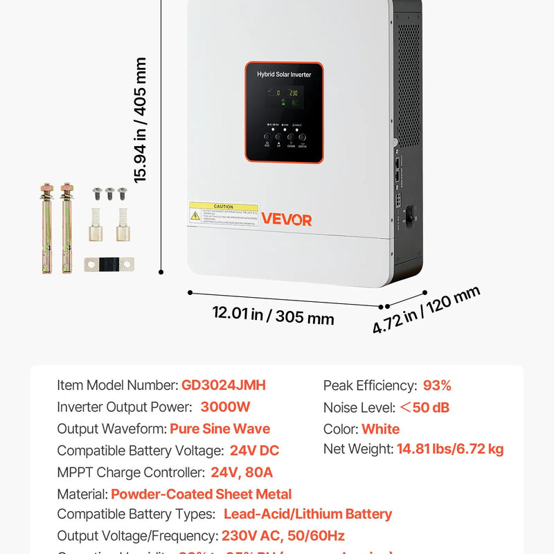 VEVOR hibrīda saules invertors 3000 W, 24 V DC uz 230 V AC, tīras sinusoīdas sprieguma invertors ar lādētāju, iebūvēts 80 A MPPT saules kontrolieris, saderīgs ar svina-skābes un litija akumulatoriem, mājai, kemperim un autonomām sistēmām