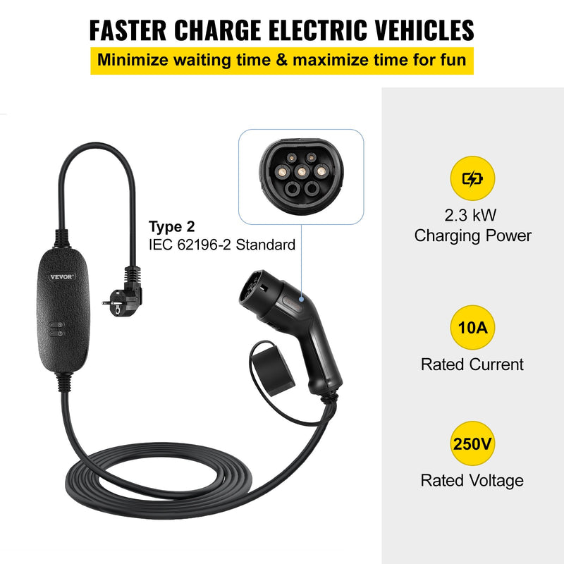 VEVOR pārnēsājamais elektrisko transportlīdzekļu EV lādētājs, tips 2, 10A, 6 m uzlādes kabeli, UK 3 kontaktu spraudnis, IP66 ūdensizturības līmeni, 3kW 250V (IEC 62196-2), ar pārnēsājamo somu, CE