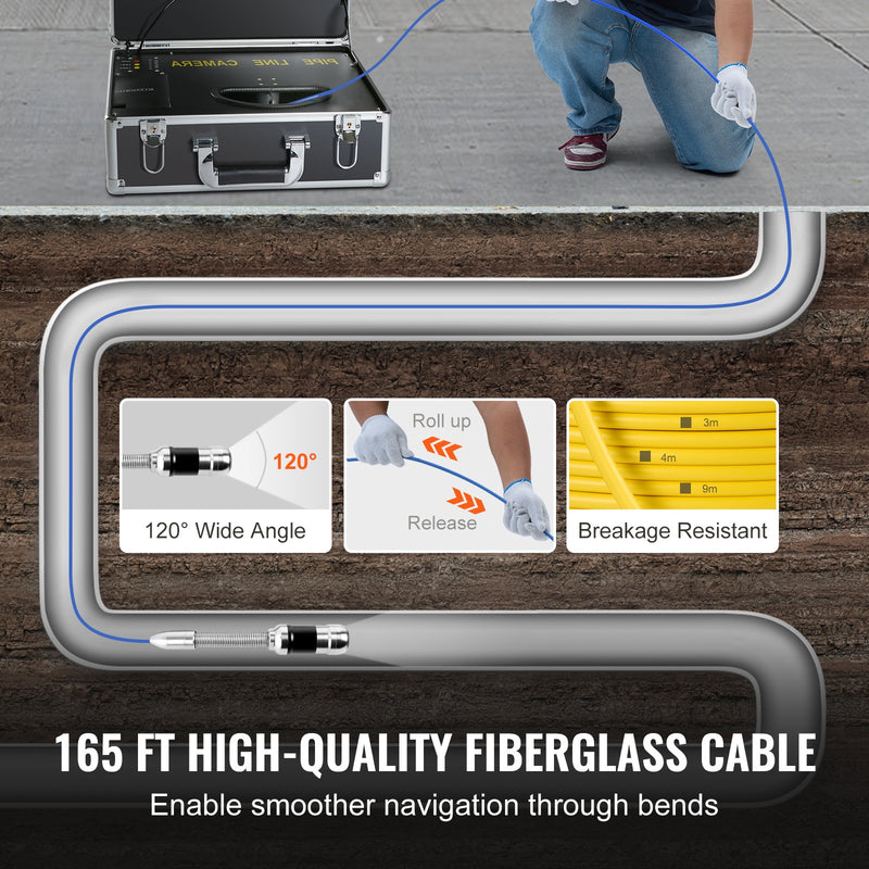 VEVOR kanalizācijas kamera, 50 m, notekūdeņu kamera ar 17,78 cm ekrānu