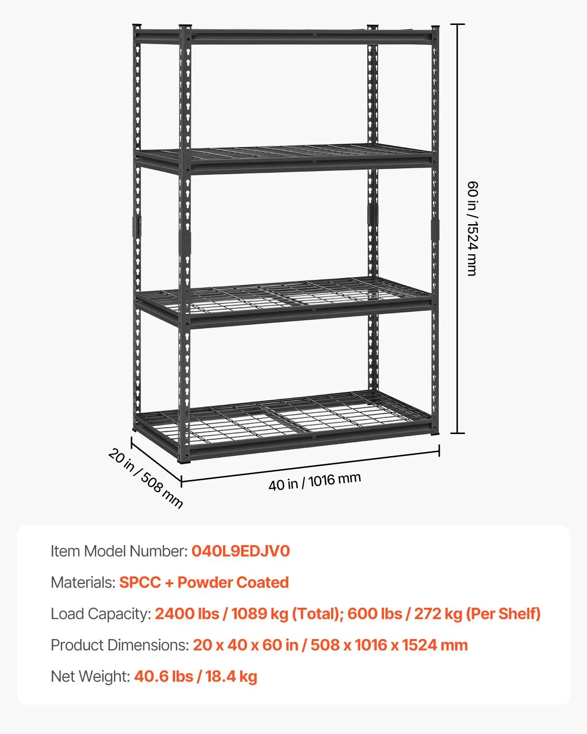 Storage shelf, 4-tier, 508 × 1016 × 1524 mm, metal