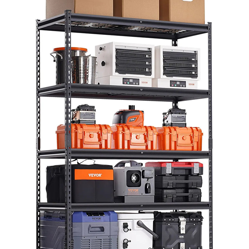 Uzglabāšanas plauktu sistēma, 5 līmeņi, regulējama augstuma, smagas slodzes konstrukcija, kopējā celtspēja 1360 kg, piemērota garāžām, noliktavām un darbnīcām