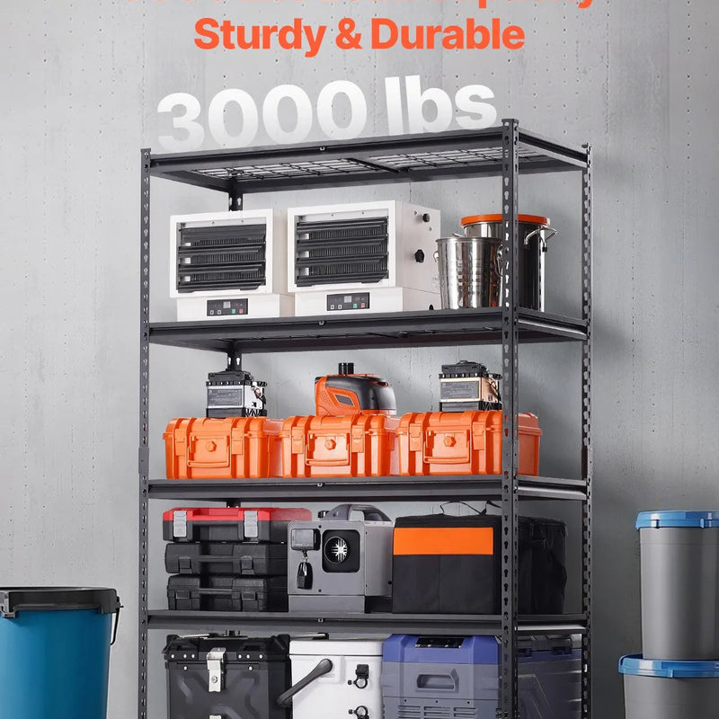 Uzglabāšanas plauktu sistēma, 5 līmeņi, regulējama augstuma, smagas slodzes konstrukcija, kopējā celtspēja 1360 kg, piemērota garāžām, noliktavām un darbnīcām