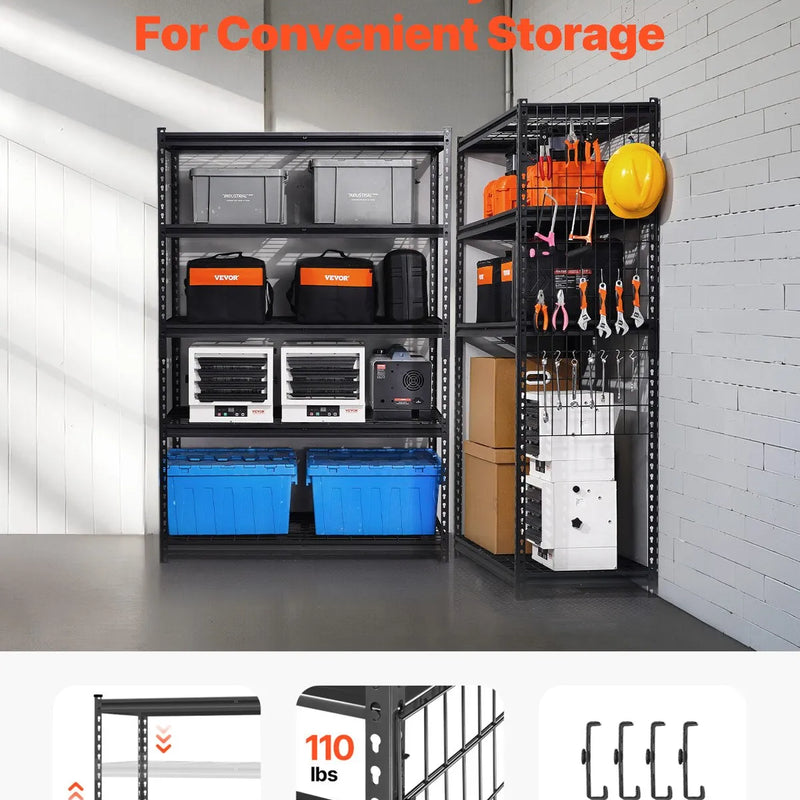 Uzglabāšanas plauktu sistēma, 5 līmeņi, regulējama augstuma, smagas slodzes konstrukcija, kopējā celtspēja 1360 kg, piemērota garāžām, noliktavām un darbnīcām