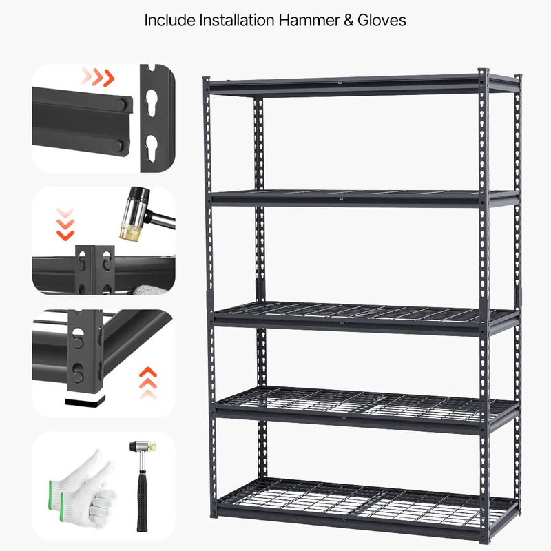 Uzglabāšanas plauktu sistēma, 5 līmeņi, regulējama augstuma, smagas slodzes konstrukcija, kopējā celtspēja 1360 kg, piemērota garāžām, noliktavām un darbnīcām