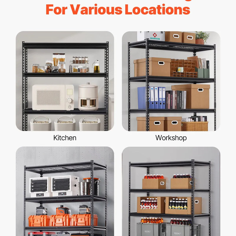 Uzglabāšanas plauktu sistēma, 5 līmeņi, regulējama augstuma, smagas slodzes konstrukcija, kopējā celtspēja 1360 kg, piemērota garāžām, noliktavām un darbnīcām