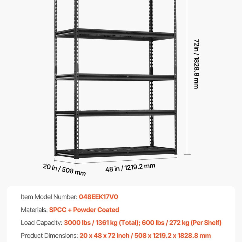 Uzglabāšanas plauktu sistēma, 5 līmeņi, regulējama augstuma, smagas slodzes konstrukcija, kopējā celtspēja 1360 kg, piemērota garāžām, noliktavām un darbnīcām