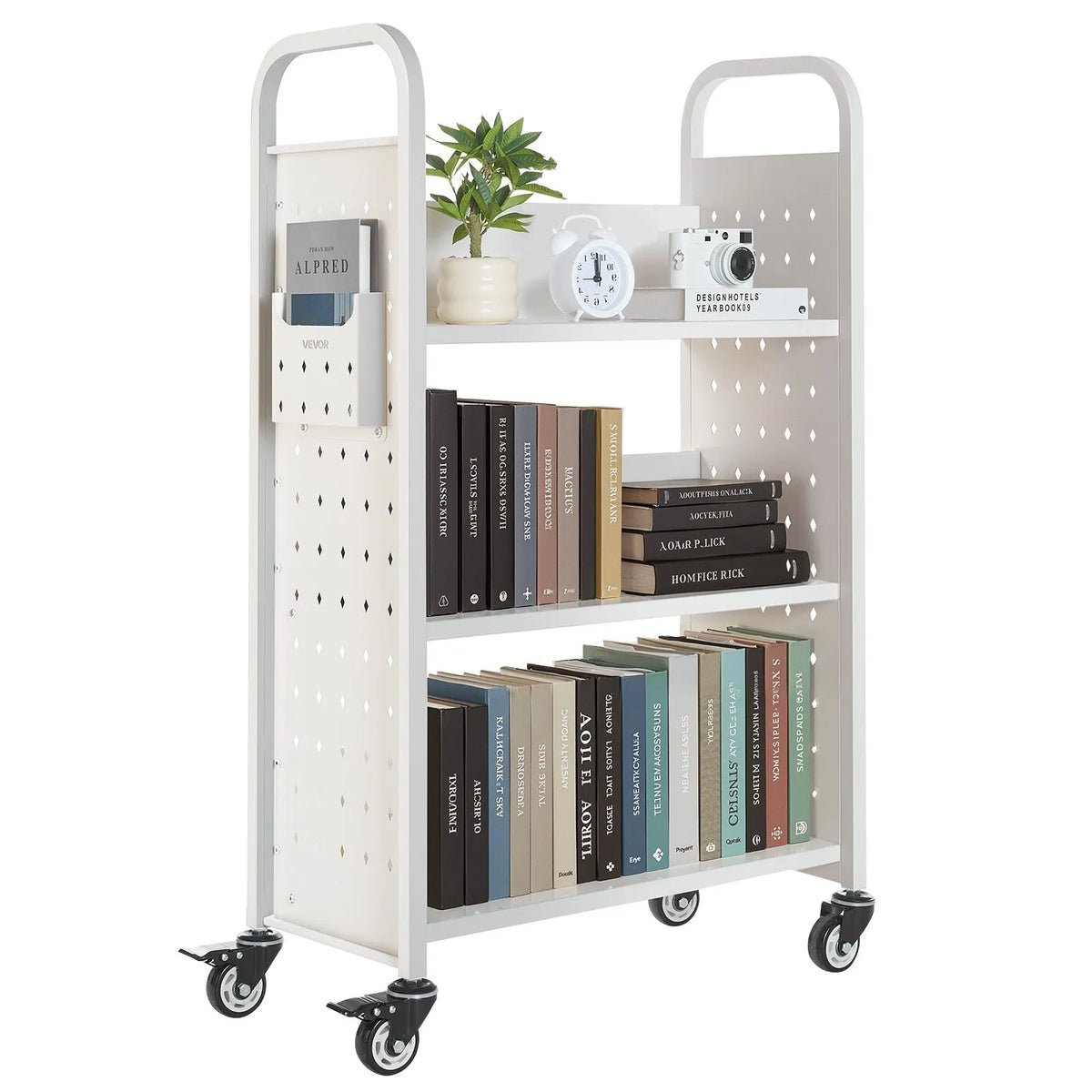 Mobile Library Book Trolley, 150 kg Load Capacity, 77 × 38 × 122 cm, with Single-Sided L-Shaped Shelves and 76.2 mm Lockable Wheels, Book Cart for Home, Office and School, White
