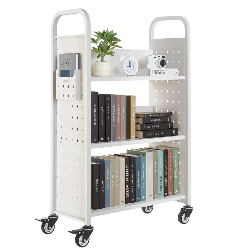 Ripojošs bibliotēkas grāmatu ratiņš, 150 kg kravnesība, 77 × 38 × 122 cm, ar vienpusējiem L veida plauktiem un 76,2 mm fiksējamiem riteņiem, grāmatu ratiņš mājai, birojam un skolai, balts