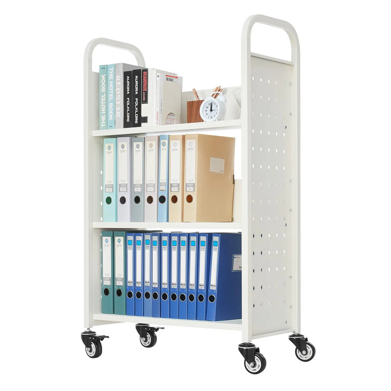 Ripojošs bibliotēkas grāmatu ratiņš, 150 kg kravnesība, 77 × 38 × 122 cm, ar vienpusējiem L veida plauktiem un 76,2 mm fiksējamiem riteņiem, grāmatu ratiņš mājai, birojam un skolai, balts