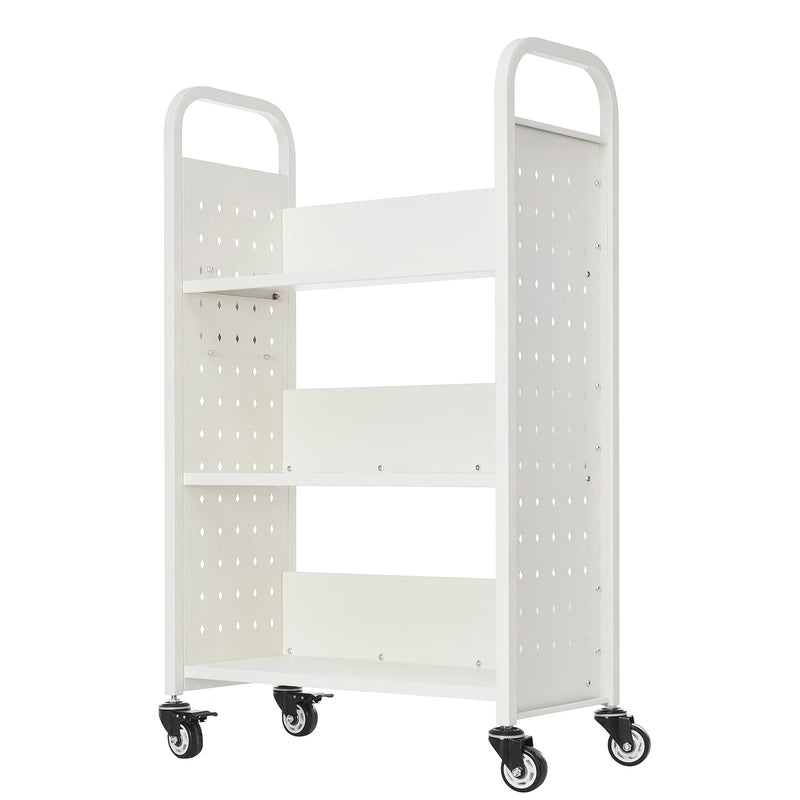 Ripojošs bibliotēkas grāmatu ratiņš, 150 kg kravnesība, 77 × 38 × 122 cm, ar vienpusējiem L veida plauktiem un 76,2 mm fiksējamiem riteņiem, grāmatu ratiņš mājai, birojam un skolai, balts