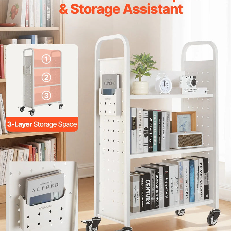 Ripojošs bibliotēkas grāmatu ratiņš, 150 kg kravnesība, 77 × 38 × 122 cm, ar vienpusējiem L veida plauktiem un 76,2 mm fiksējamiem riteņiem, grāmatu ratiņš mājai, birojam un skolai, balts