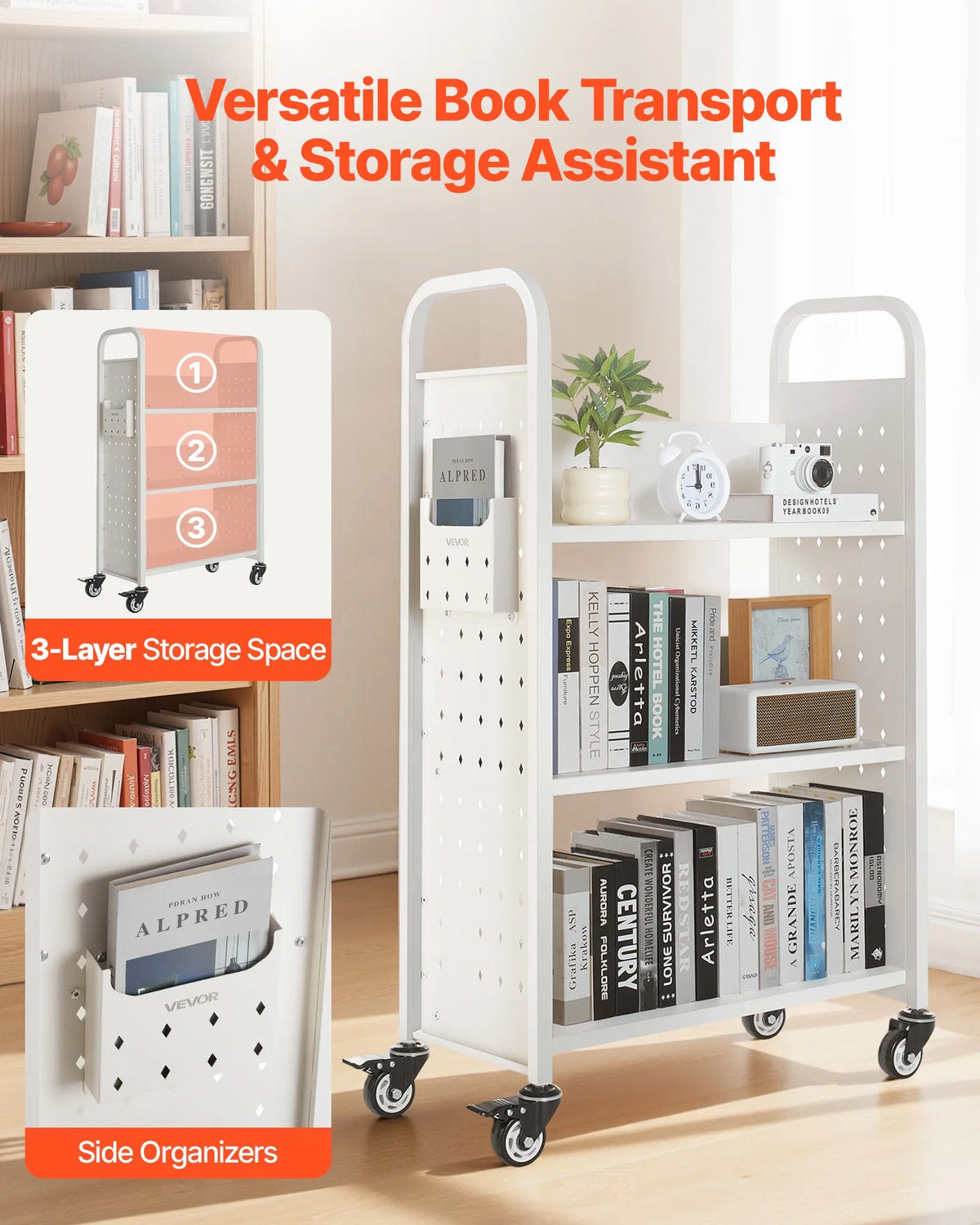 Mobile Library Book Trolley, 150 kg Load Capacity, 77 × 38 × 122 cm, with Single-Sided L-Shaped Shelves and 76.2 mm Lockable Wheels, Book Cart for Home, Office and School, White