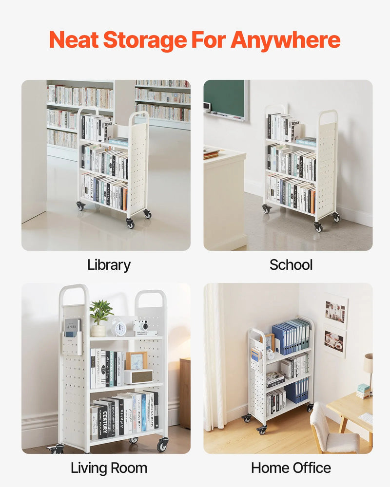 Ripojošs bibliotēkas grāmatu ratiņš, 150 kg kravnesība, 77 × 38 × 122 cm, ar vienpusējiem L veida plauktiem un 76,2 mm fiksējamiem riteņiem, grāmatu ratiņš mājai, birojam un skolai, balts