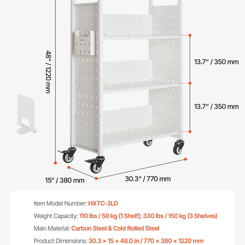 Ripojošs bibliotēkas grāmatu ratiņš, 150 kg kravnesība, 77 × 38 × 122 cm, ar vienpusējiem L veida plauktiem un 76,2 mm fiksējamiem riteņiem, grāmatu ratiņš mājai, birojam un skolai, balts