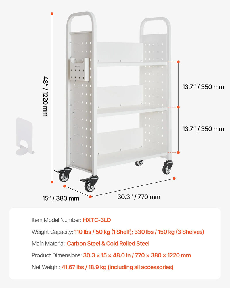 Ripojošs bibliotēkas grāmatu ratiņš, 150 kg kravnesība, 77 × 38 × 122 cm, ar vienpusējiem L veida plauktiem un 76,2 mm fiksējamiem riteņiem, grāmatu ratiņš mājai, birojam un skolai, balts
