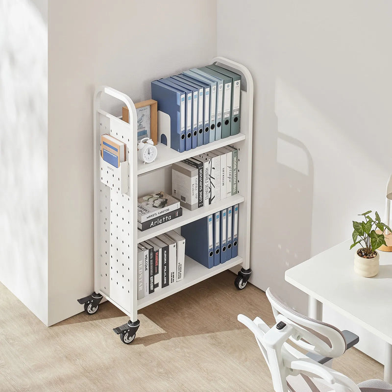 Ripojošs bibliotēkas grāmatu ratiņš, 150 kg kravnesība, 77 × 38 × 122 cm, ar vienpusējiem L veida plauktiem un 76,2 mm fiksējamiem riteņiem, grāmatu ratiņš mājai, birojam un skolai, balts
