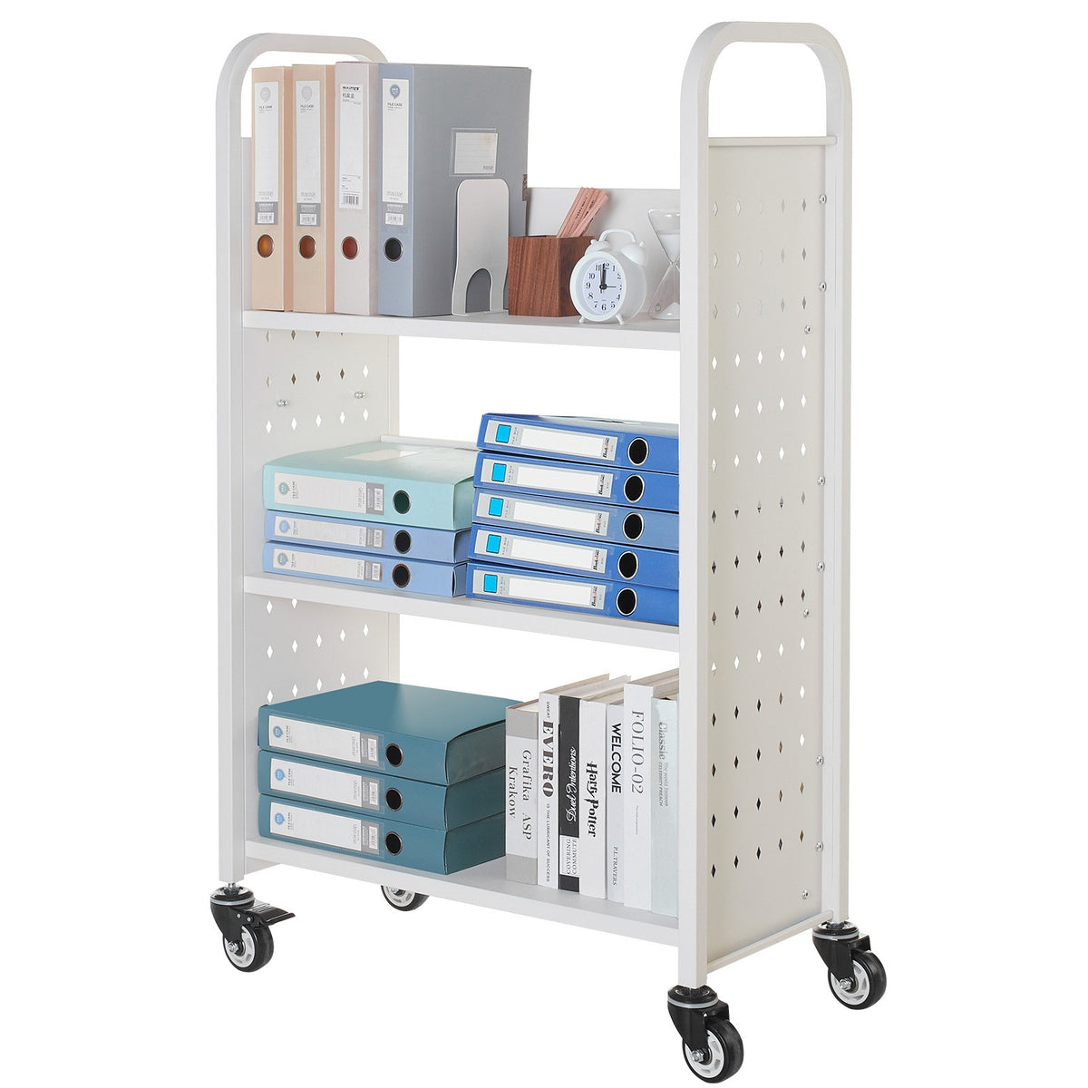 Mobile Library Book Trolley, 150 kg Load Capacity, 77 × 38 × 122 cm, with Single-Sided L-Shaped Shelves and 76.2 mm Lockable Wheels, Book Cart for Home, Office and School, White