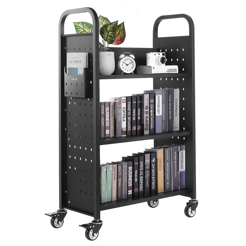 Ripojošs bibliotēkas grāmatu ratiņš, 150 kg kravnesība, 77 × 38 × 122 cm, ar vienpusējiem L veida plauktiem un 76,2 mm fiksējamiem riteņiem, grāmatu ratiņš mājai, birojam un skolai, melns